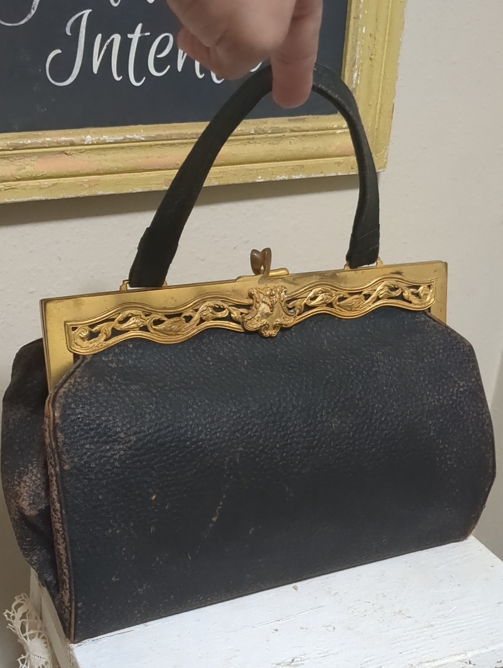 Antique Black Leather Handbag with Gold Frame